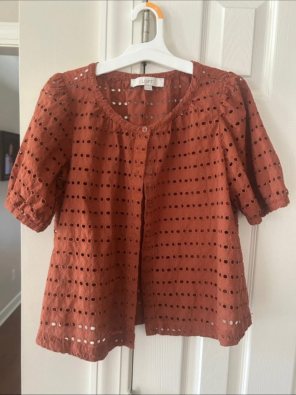 LOFT Rust Eyelet Short Sleeve Button-Up Blouse